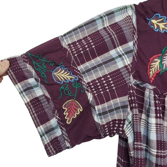 Vintage National Burgundy Plaid Embroidered Fall Leaf Dress Boho Teacher Outfit - Picture 6 of 16